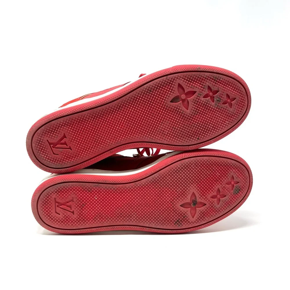 Louis Vuitton LV Logo Monogram High Top Suede Wedge Sneakers Shoes Red 37.5 7.5